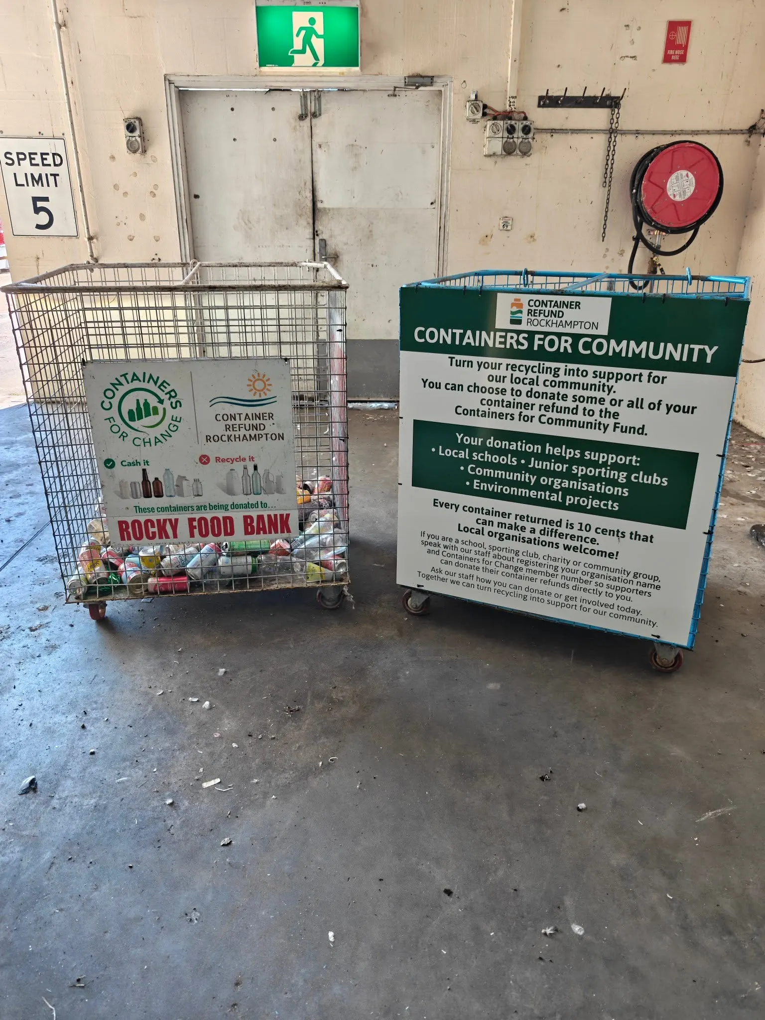 The Containers for Community donation cages at Park Avenue, one marked for the Rocky Food Bank
